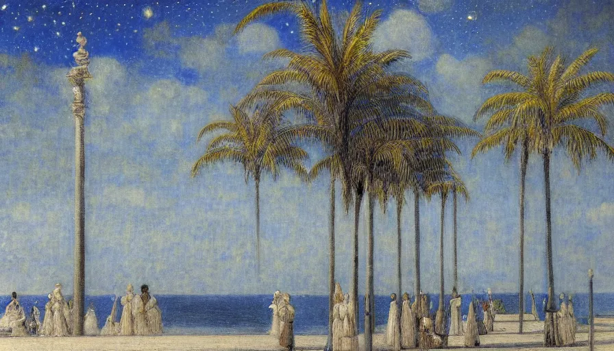 Prompt: a ultradetailed beautiful painting of the night sky of the amazonas palace balustrade designed by jules bastien - lepage, tarsila do amaral, frank weston and gustave baumann, beach, trending on artstation, mediterranean, palm trees, sharp focus, giant columns, soft light, 8 k 4 k