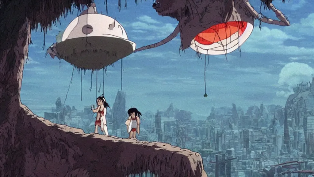 Prompt: a cell shaded cartoon movie still from princess mononoke ( 1 9 9 7 ) showing a ufo from independence day ( 1 9 9 6 ) in the air above a city. very dull muted colors, hd, 4 k, hq