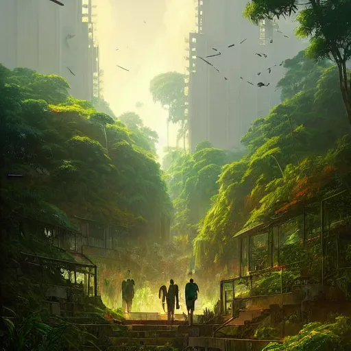 Image similar to a beutiful painting of post-apocalyptic Singapore overrun by vegetation. UrlichPRO, greg rutkowski, makoto shinkai, thomas cole, aerial photography, wide angle lens, trending on artstation, trending on behance