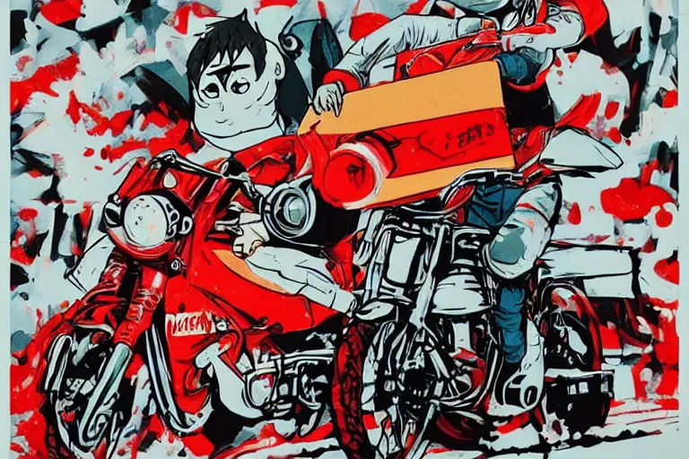 Image similar to italian pizza, akira's motorcycle, gorillaz, poster, kid drawn