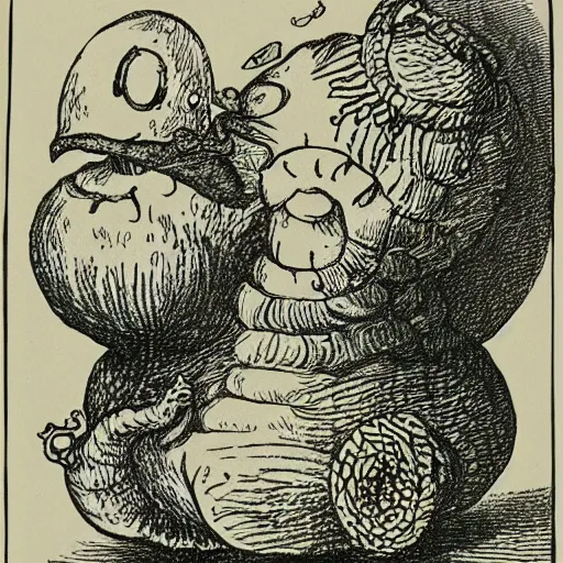 Prompt: A hookah smoking caterpillar, Alice In Wonderland, Absolem, Lewis Carol. by John Tenniel ::