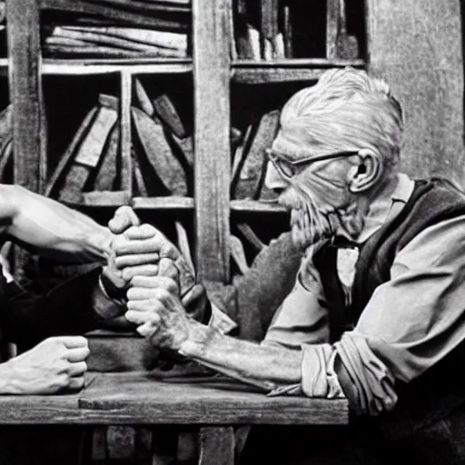 Image similar to James Joyce arm wrestling Samuel Beckett, photorealistic in the style of ansel adams