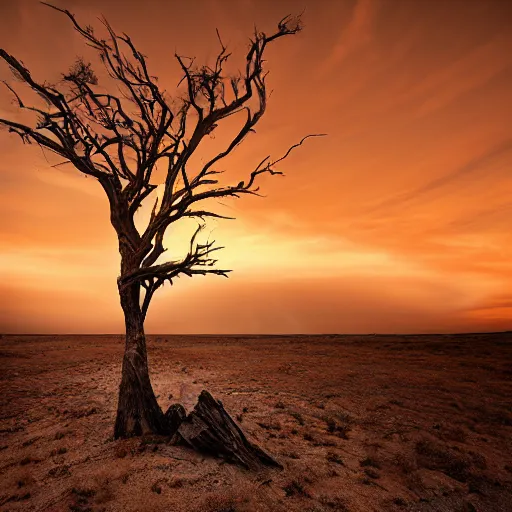 Prompt: landscape photography by marc adamus, dead tree in the desert, sunset, dramatic lighting, wind, beautiful