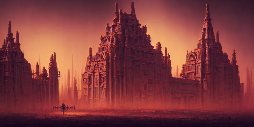 Image similar to sci - fi concrete baroque rococo gothic architecture in hell, babylonian, ziggurat, zaha hadid, beksinski, wayne barlowe, oil painting, photoreal, highly detailed, 8 k, hd, vray, artstation, cinematic matte painting, extreme detail photo quality, sunset, featured on behance