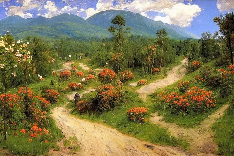 Prompt: road to the mountains, elf forest, fantasy, beautiful landscape, many flowers after rain, Isaac Levitan