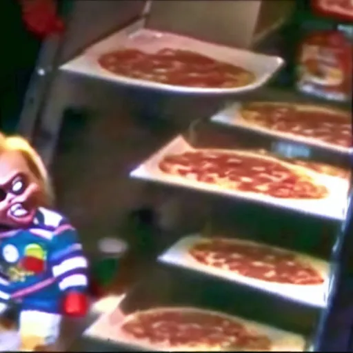 Image similar to security camera footage of chucky doll screaming at customers eating pizza