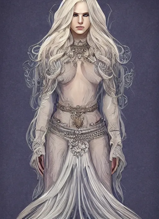 Prompt: beautiful new character concept, d & d, long blond hair, intricate design, symmetry