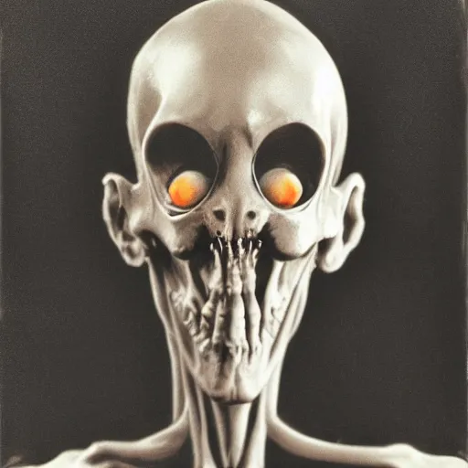 Image similar to humanoid with crooked teeth, two shallow black eyes, long open black mouth, alien looking, big forehead, horrifying, killer, creepy, sepia tint, long open black mouth, dead, looking straight into camera, realistic, slightly red, long neck, boney, monster, tall, skinny, skullish, deathly, in the style of alfred kubin