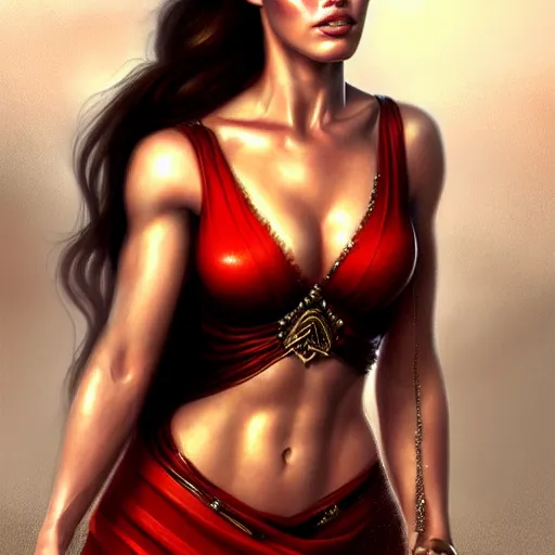 Prompt: portrait of megan fox, muscular upper body, greek, jewelry, red dress, fantasy, intricate, elegant, highly detailed, digital painting, artstation, concept art, matte, sharp focus, illustration, art by aenaluck and roberto ferri and greg rutkowski, epic fantasy, digital painting