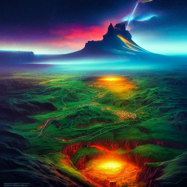 Prompt: fantasy aerial iceland landscape in the form of the human eye, volumetric lighting, colorful, sharp and focus, ultra detailed, beautifully lit landscape, astrophotography, in the art style of dan mumford and marc simonetti