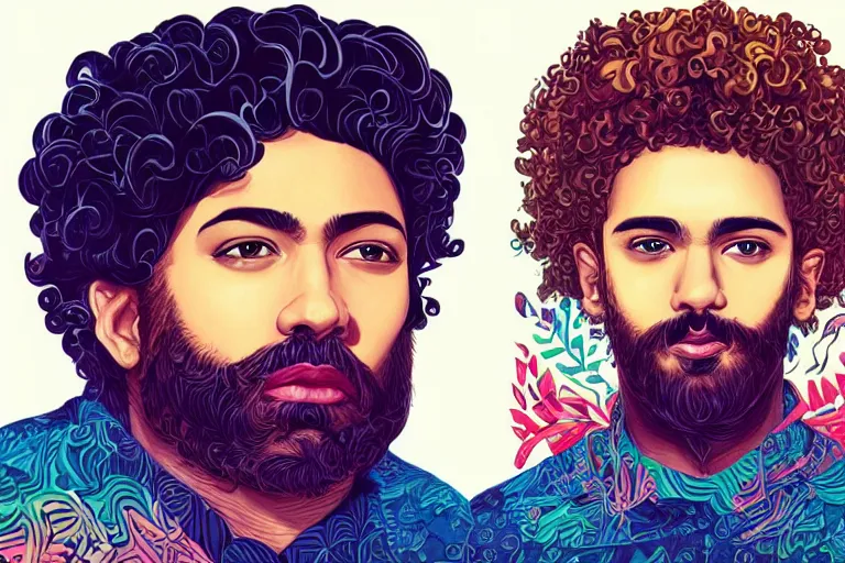 Prompt: hispanic girl medium length curly hair, and a bearded mixed race man with short curly hair, tristan eaton, victo ngai, artgerm, rhads, ross draws