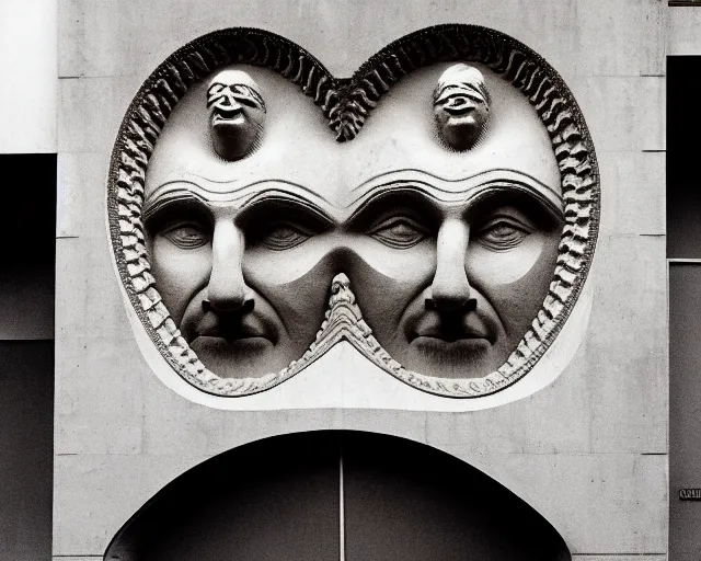 Image similar to by szukalski, francis bacon, vivian maier, mystical redscale photography evocative. an intricate fractal concrete carved sculpture of the secret faces of god, standing in a city center.