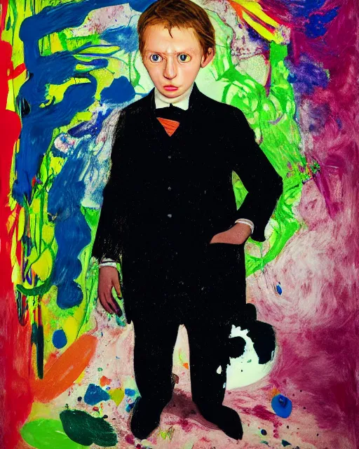 Image similar to portrait of a child in tuxedo painted by vincent lefevre and hernan bas and pablo amaringo and pat steir and hilma af klint, background in high definition 3 d, psychological, photorealistic, dripping paint, washy brush, rendered in octane, altermodern, masterpiece