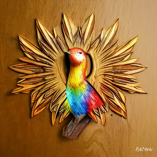 Image similar to carved wooden colorful bird, golden crown, dark, rusty, fantasy forest, highly detailed, ultra realistic, artstation, smooth, sharp focus