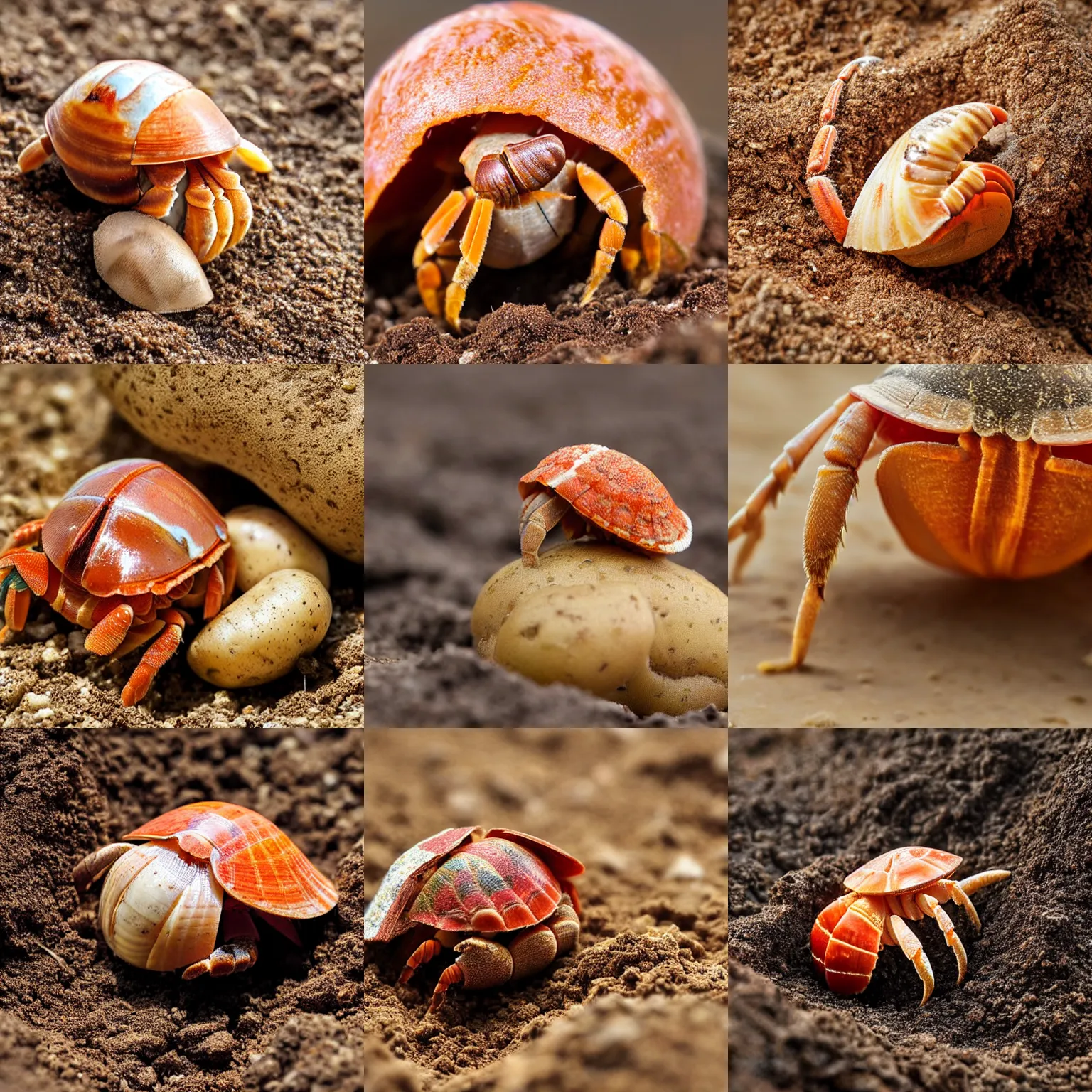 Prompt: hermit crab wearing a fresh potato as a shell, dirt is on the potato, close up photograph