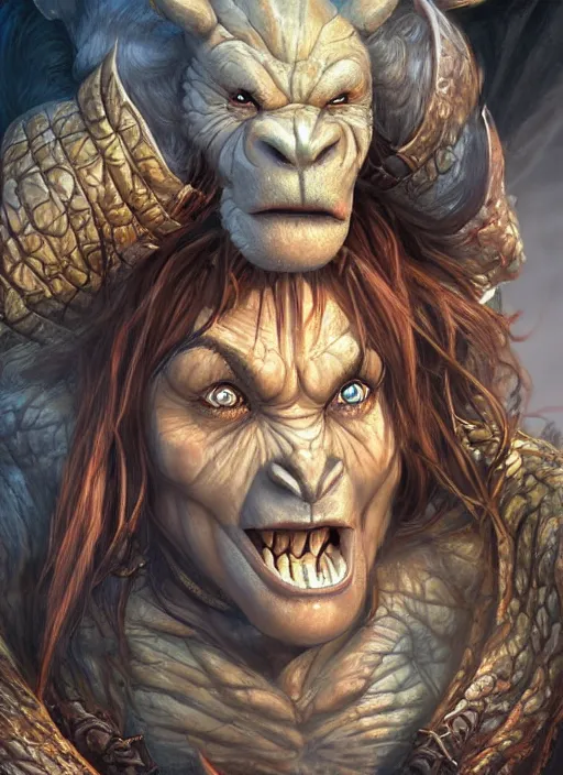 Image similar to female ogre, ultra detailed fantasy, dndbeyond, bright, colourful, realistic, dnd character portrait, full body, pathfinder, pinterest, art by ralph horsley, dnd, rpg, lotr game design fanart by concept art, behance hd, artstation, deviantart, hdr render in unreal engine 5