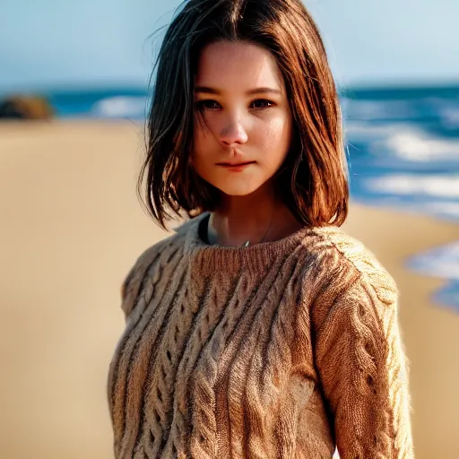 Image similar to real life photo of a beautiful girl, full body photoshoot, long brown hair, brown eyes, full round face, short smile, belly free, brown sweater, beach setting, cinematic lightning, medium shot, mid - shot, highly detailed, trending on artstation, unreal engine 4 k, 8 0 mm, 8 5 mm, cinematic wallpaper