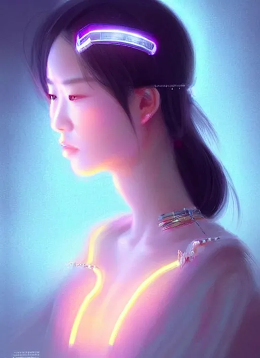 Image similar to portrait of asian female humanoid, transparent jewelry accessories, very details, elegant, cyber neon lights, highly detailed, digital illustration, trending in artstation, trending in pinterest, glamor pose, concept art, smooth, sharp focus, art by artgerm and greg rutkowski