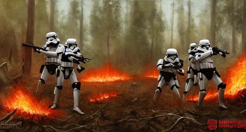 Image similar to imperial stormtroopers shooting red blaster bolts in barren lifeless forest with burned trees concept art by Doug Chiang cinematic, realistic painting, high definition,very detailed, extremely high detail, photo realistic, concept art, unreal engine 5, the Mandalorian concept art style