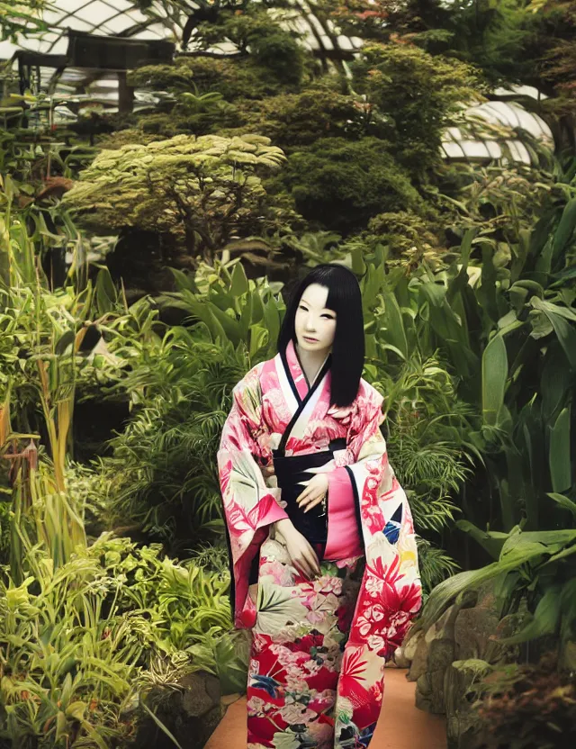 Image similar to fashion photograph of a beautiful Japanese woman wearing a traditional kimono in an tropical greenhouse, by Annie Leibowitz, extremely detailed, large format camera, Fuji Provia film, 85mm lens, bokeh, bokeh, blurred background, photorealistic, trending on instagram, trending on artstation