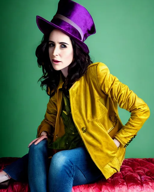 Image similar to photorealistic portrait headshot photos of kristen ritter wearing a yellow leather jacket, green corduroy pants, a red silk blouse, and purple velvet top hat on her head, photoshoot in the style of annie leibovitz, photorealistic, bokeh