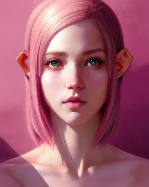 Image similar to portrait of pink layered bob half elf, intricate, elegant, highly detailed, digital painting, artstation, concept art, smooth, sharp focus, illustration, art by artgerm and greg rutkowski and alphonse mucha and uang guangjian and gil elvgren and sachin teng and wlop, symmetry