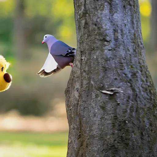 Prompt: A still of Winnie the Pooh in A Pigeon Sat on a Branch Reflecting on its Existence (2014), 4k, high quality, extremely detailed, directed by Roy Andersson