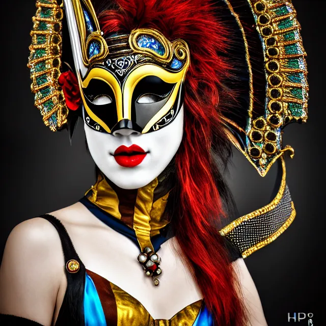 Prompt: photo of a beautiful!! harlequin warrior with venetian mask highly detailed 8 k hdr smooth sharp focus high resolution award - winning photo photorealistic