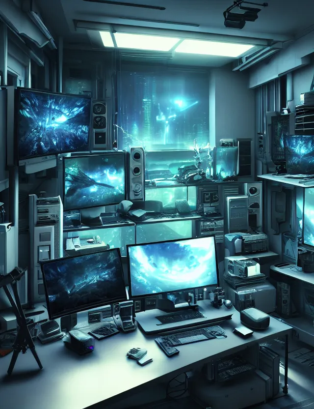 Image similar to artstation scifi scene of a complex computer workstation in a small studio apartment room, many monitors, many electronics, a window view, very detailed, maximalism, ambient occlusion, volumetric light, sun beam, atmospheric haze, unreal engine, hyper realism, realistic shading, cinematic composition, realistic render, octane render, detailed textures, photorealistic, wide shot