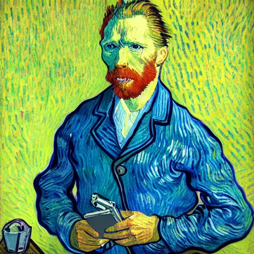 Image similar to a vivid self portrait of van Gogh, holding a smartphone, oil on canvas, trending on artstation