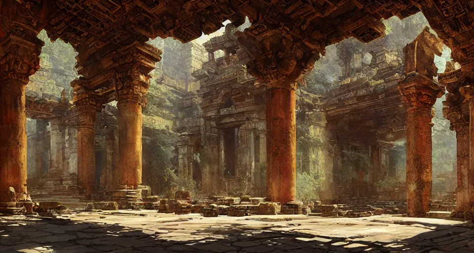 Image similar to ancient temple ruins interior, intricate, elegant, vivid colors, highly detailed, john park, craig mullins, sparth, ruan jia, jeffrey catherine jones