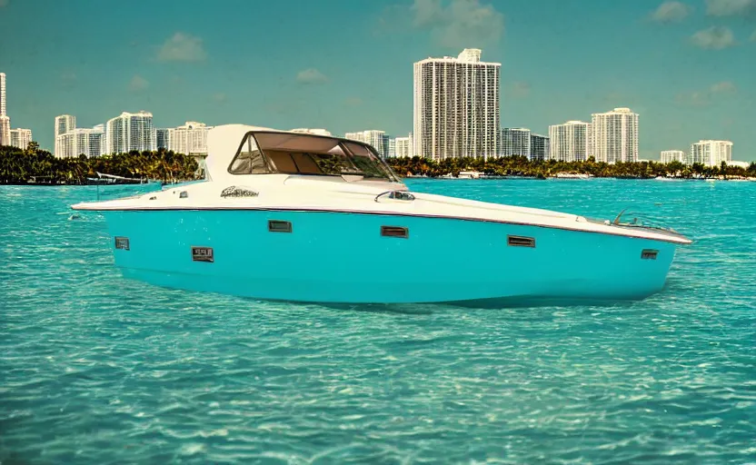Prompt: photorealistic picture of a sport boat. turquoise water. miami. 8 0's style
