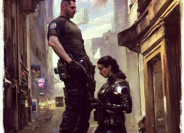 Image similar to Sara evades sgt Griggs. Athletic Cyberpunk hacker escaping Menacing Cyberpunk police trooper griggs. (dystopian, police state, Cyberpunk 2077, bladerunner 2049). Iranian orientalist portrait by john william waterhouse and Edwin Longsden Long and Theodore Ralli and Nasreddine Dinet, oil on canvas. Cinematic, vivid colors, hyper realism, realistic proportions, dramatic lighting, high detail 4k