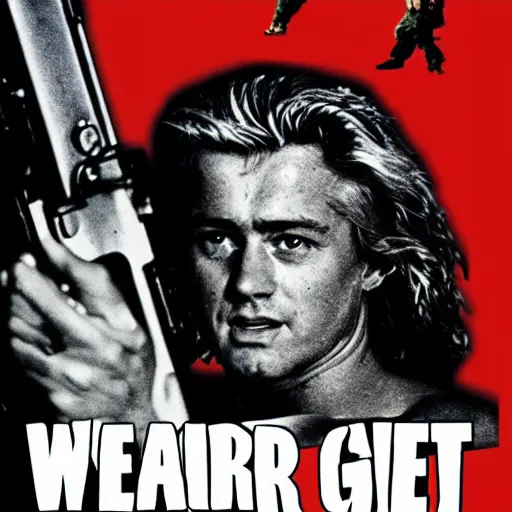 Prompt: shirtless geert wilders in rambo movie poster holding machine gun, war photography