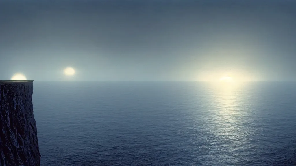 Image similar to a spherical white spaceship hovers over Earth's oceans near the Cliffs of Dover at Dusk, film still from the movie directed by Denis Villeneuve with art direction by Zdzisław Beksiński, wide lens