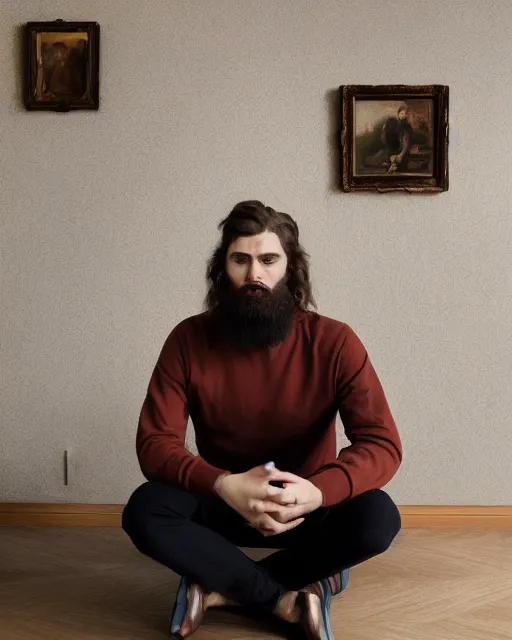 Image similar to Pre-Raphaelite portrait of a young beautiful brown-haired bearded male sitting in office wearing oculus quest