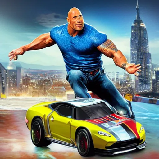 Image similar to dwayne johnson in hotwheels acceleracers