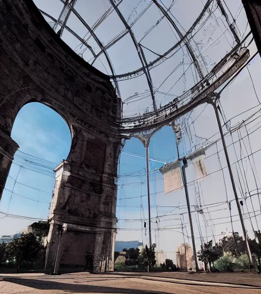 Image similar to ethereal former gasometer in rome, white sheets, hemp ropes to the buildings, trending on artstation, behance, octane render, award winning, archviz, matte painting, epic