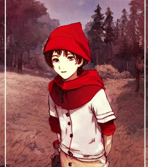 Image similar to attractive little boy character inspired in little red riding hood, digital artwork made by akihiko yoshida and makoto shinkai