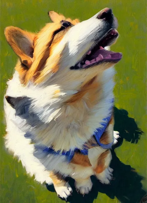 Prompt: Greg Manchess painting of an anthropomorphic Corgi, countryside, calm, fantasy character portrait, dynamic pose, above view, sunny day, artwork by Jeremy Lipkin and Giuseppe Dangelico Pino and Michael Garmash and Rob Rey, very coherent asymmetrical artwork, sharp edges, perfect face, simple form, 100mm