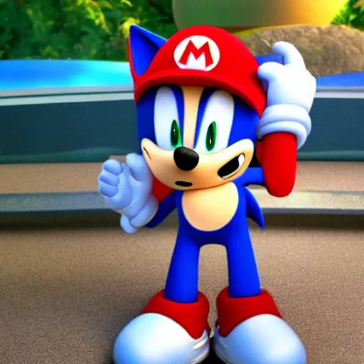 Prompt: photo-realistic sonic the hedgehog wearing a mario hat