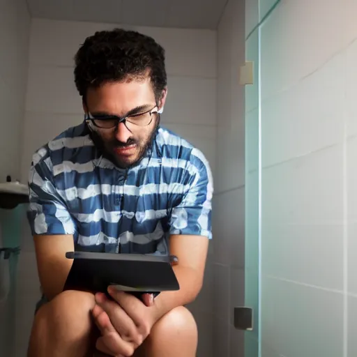 Prompt: a realistic picture of a software engineer debugging code from his bathroom at 3 in the morning