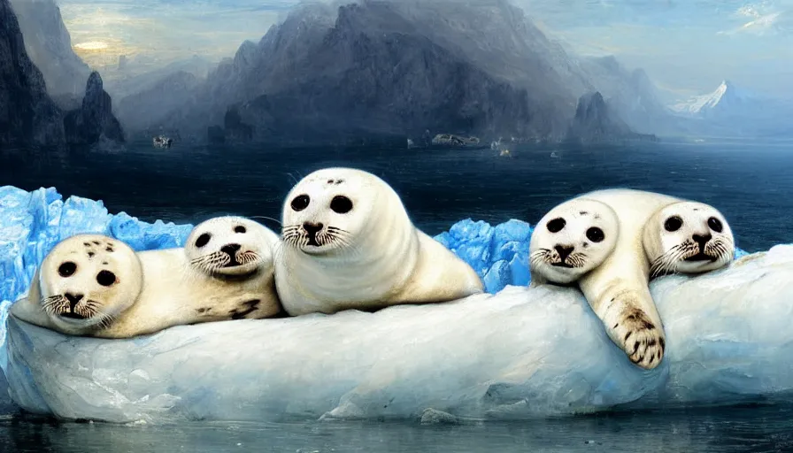 Image similar to highly detailed painting of cute furry white baby seal leopards cuddling into each other on a blue and white iceberg by william turner, by greg rutkowski, by william constable, thick brush strokes and visible paint layers, 4 k resolution