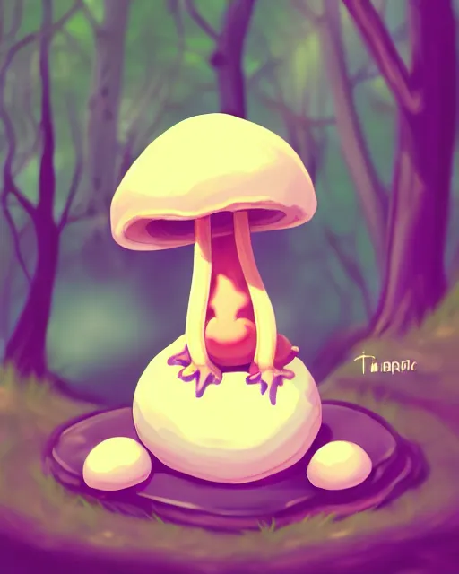 Image similar to digital illustration of a cute mushroom creature, thicc, sitting on a rock in a forest, | | epic - fine - clean, polished, trending on artstation, anime style, brush strokes