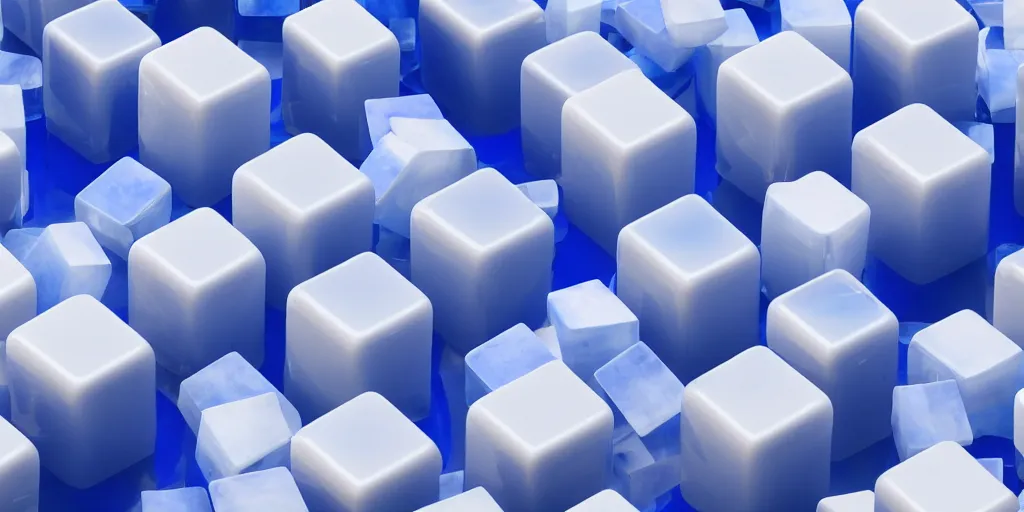 Image similar to floating blue and white plastic cubes against a grey background, octane render, beautiful, 4 k, hdr lighting, glossy, depth of field, ultrawide