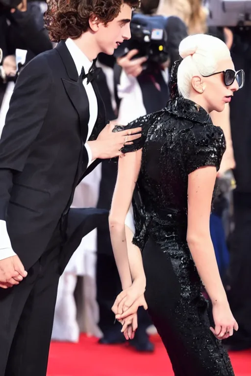 Image similar to timothee chalamet and lady gaga holding hands on the red carpet, beautiful detailed faces