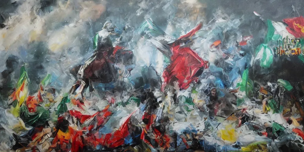 Image similar to dramatic oil painting of freedom for palestine, red green white black