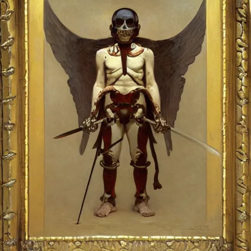 Image similar to portrait of a fully armed skeleton archer with big sword, wearing helmets and armor with wings, symmetrical, solemn, sacred, aura, by bouguereau