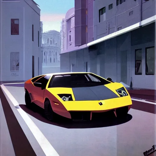 Prompt: lamborghini murcielago in the soviet city, by syd mead, retrofuturism