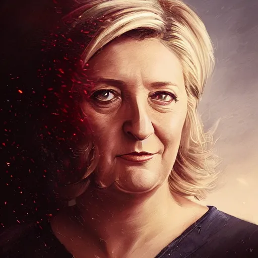 Prompt: Portrait of Marine le Pen , french flag, nationalistic, amazing splashscreen artwork, splash art, head slightly tilted, natural light, elegant, intricate, fantasy, atmospheric lighting, cinematic, matte painting, by Greg rutkowski